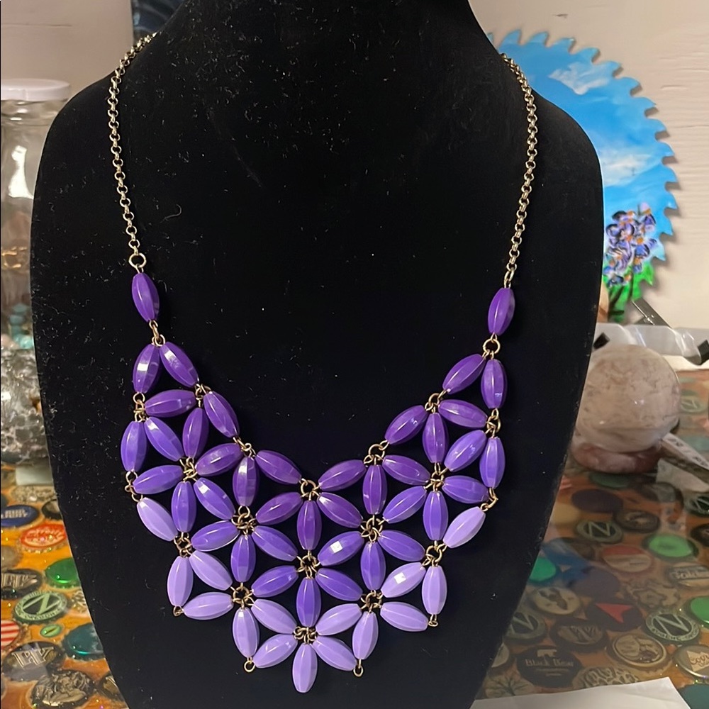 Vibrant Purple Floral Necklace with Geometric Design